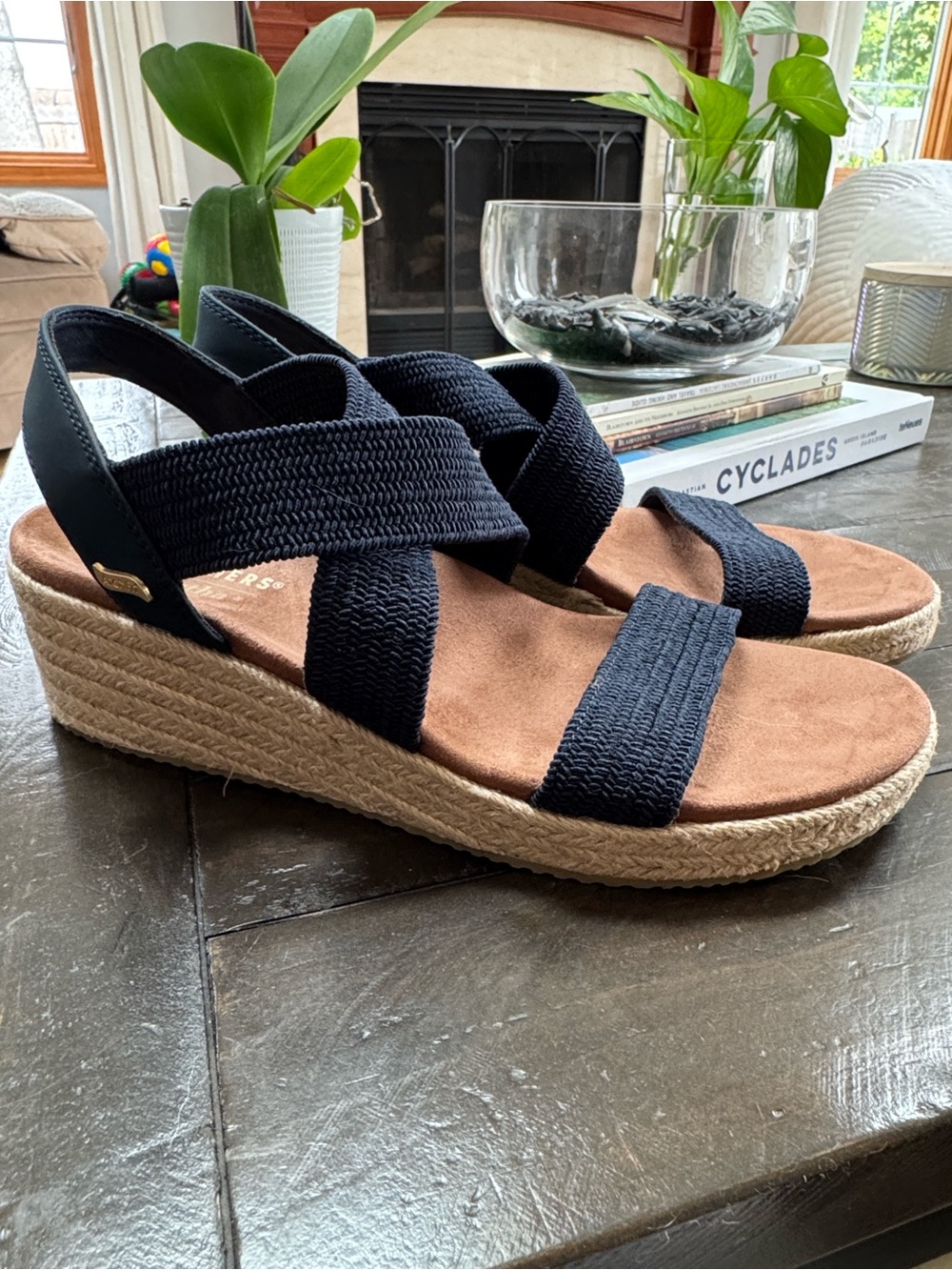 Skechers Navy Elastic Strap Sandals with Tan Footbed